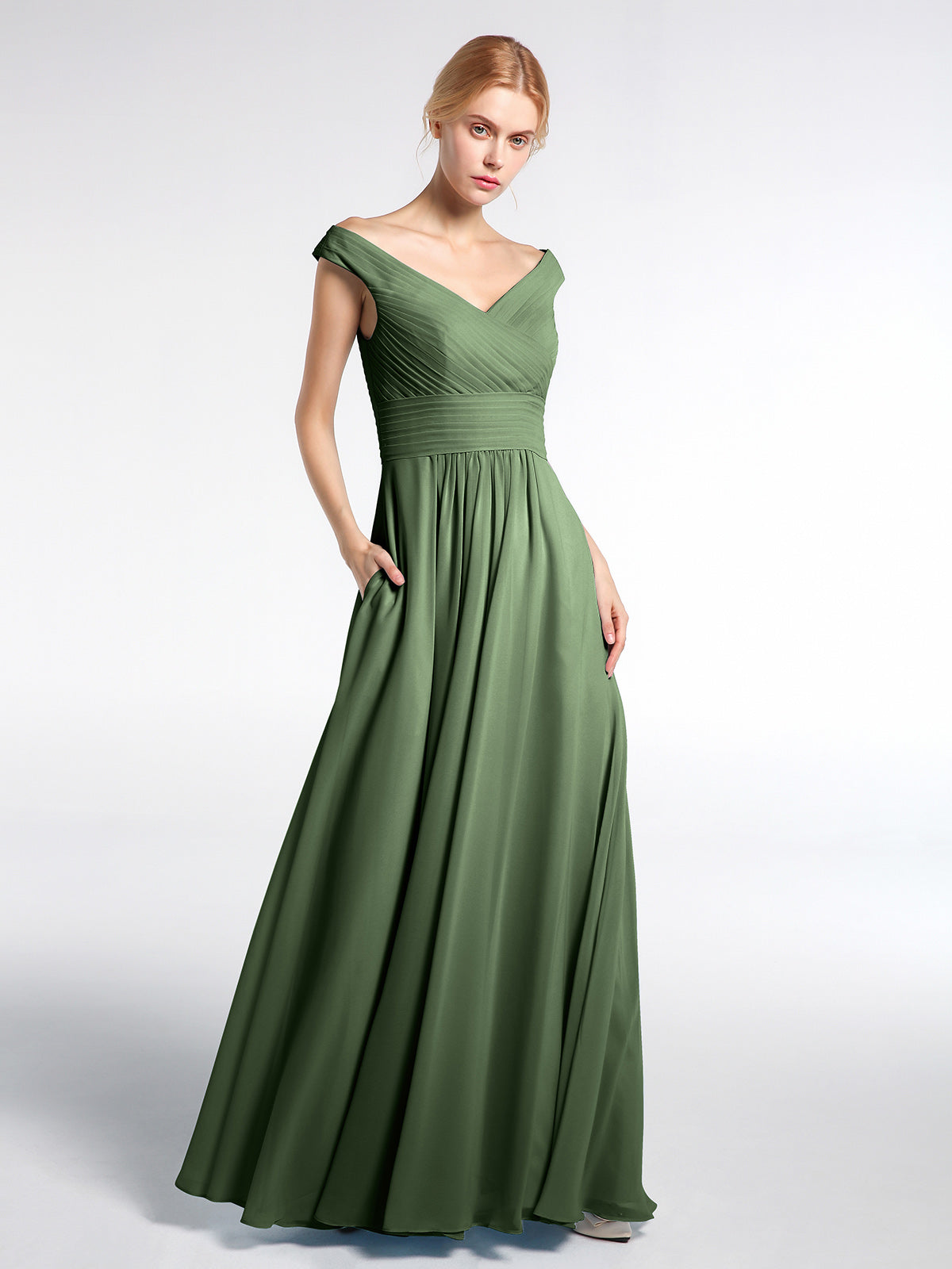 Vestido maxi con escote en V y hombros descubiertos con bolsillos Verde Oliva