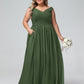 Vestido maxi con escote en V y hombros descubiertos con bolsillos Verde Oliva Tallas Grandes