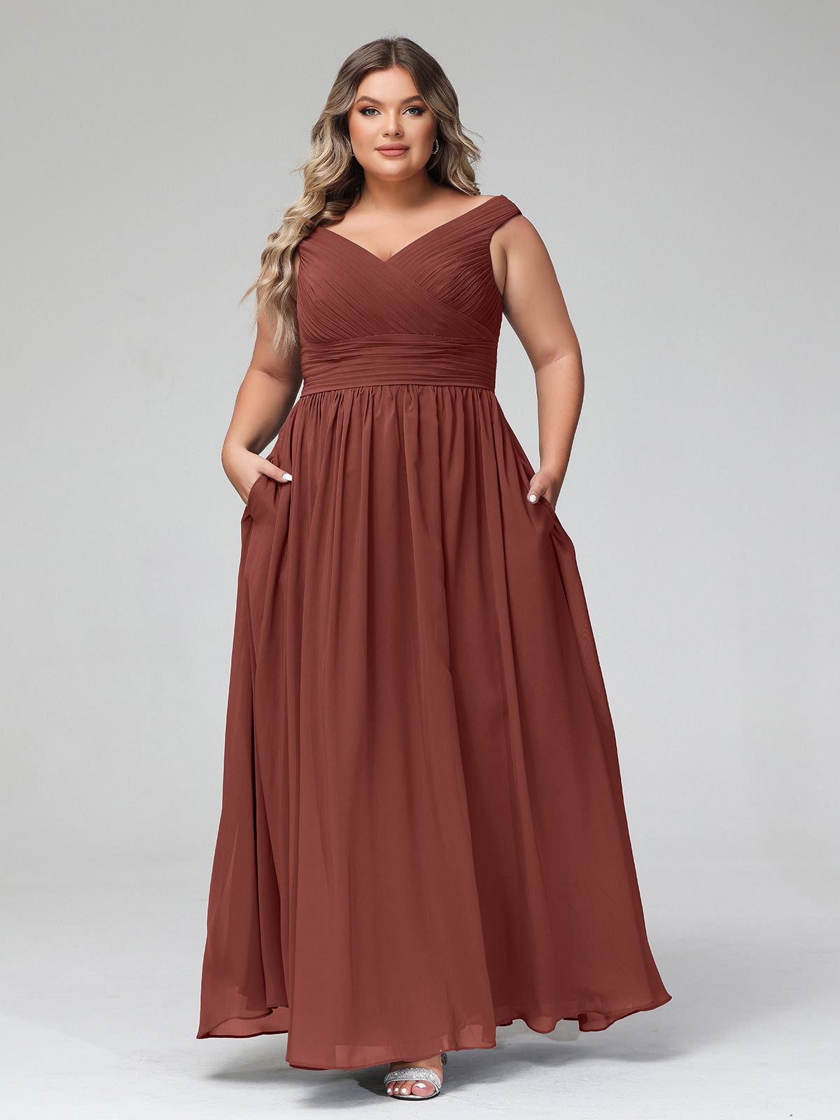 Vestido maxi con escote en V y hombros descubiertos con bolsillos Terracota Tallas Grandes