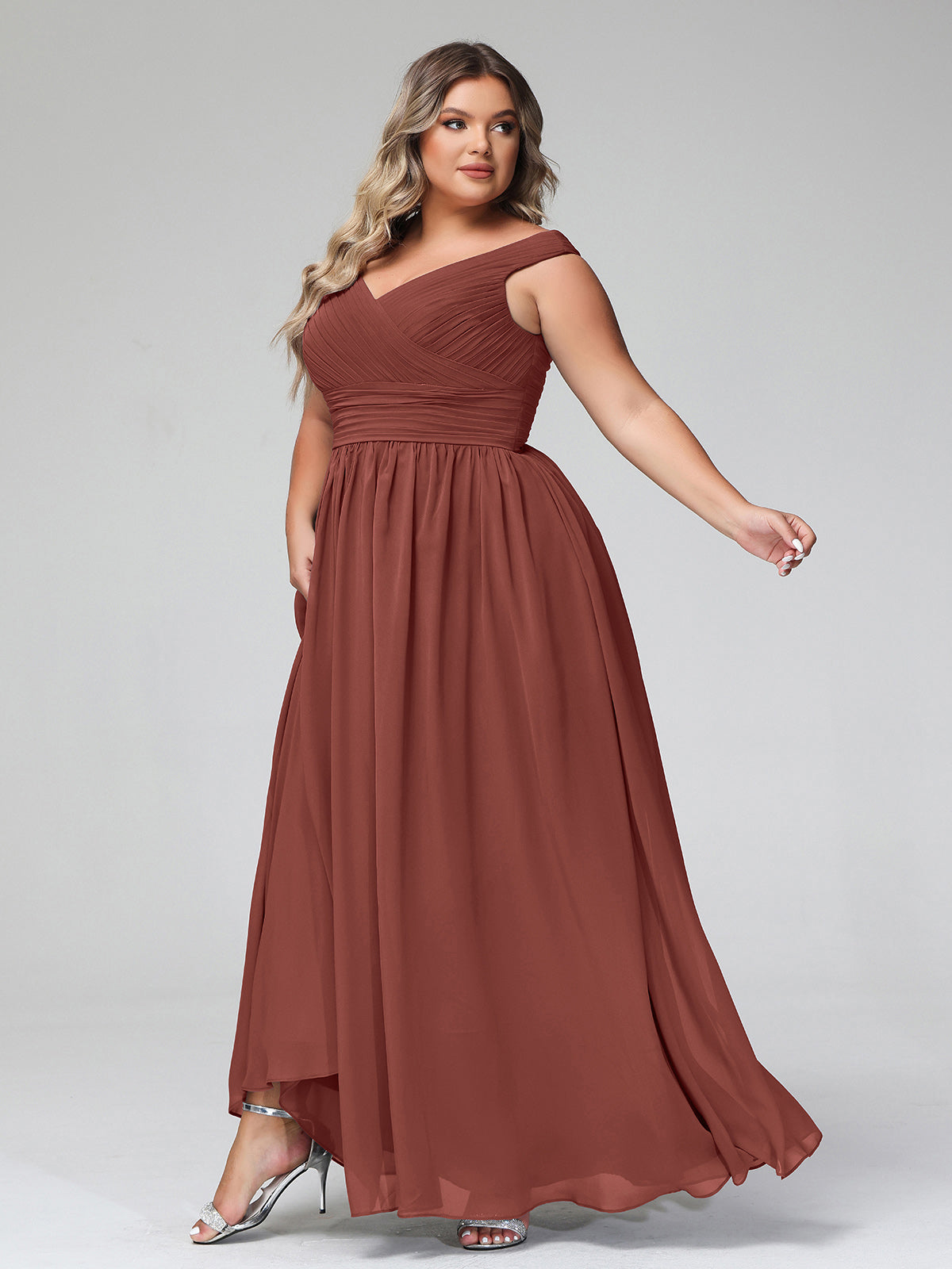 Vestido maxi con escote en V y hombros descubiertos con bolsillos Terracota Tallas Grandes