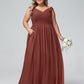Vestido maxi con escote en V y hombros descubiertos con bolsillos Terracota Tallas Grandes