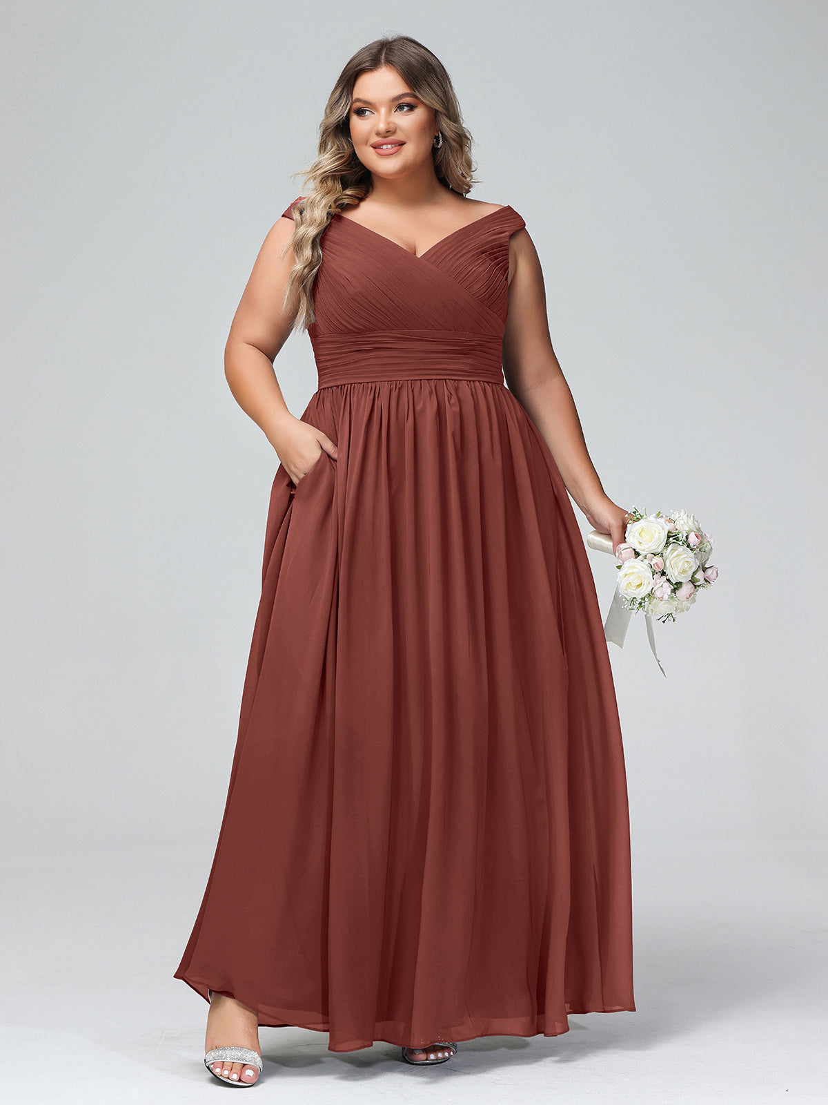 Vestido maxi con escote en V y hombros descubiertos con bolsillos Terracota Tallas Grandes