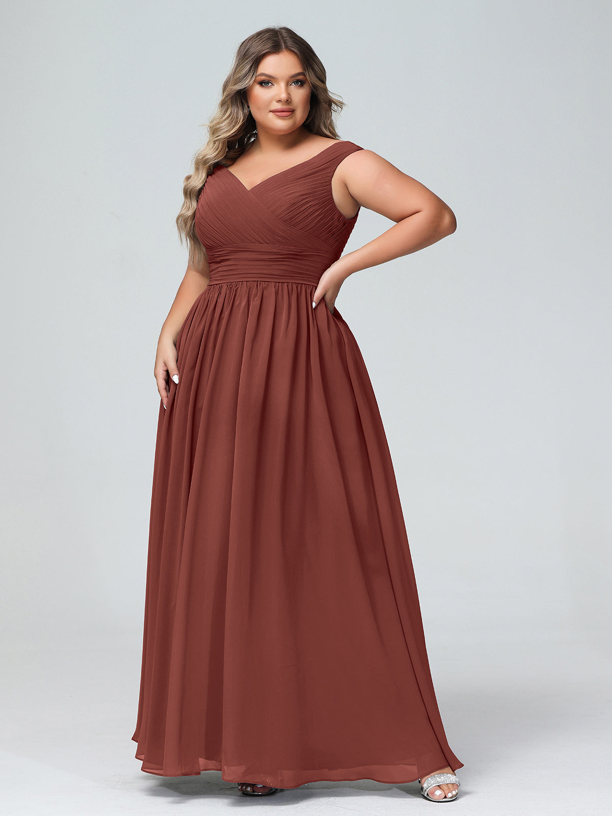 Vestido maxi con escote en V y hombros descubiertos con bolsillos Terracota Tallas Grandes
