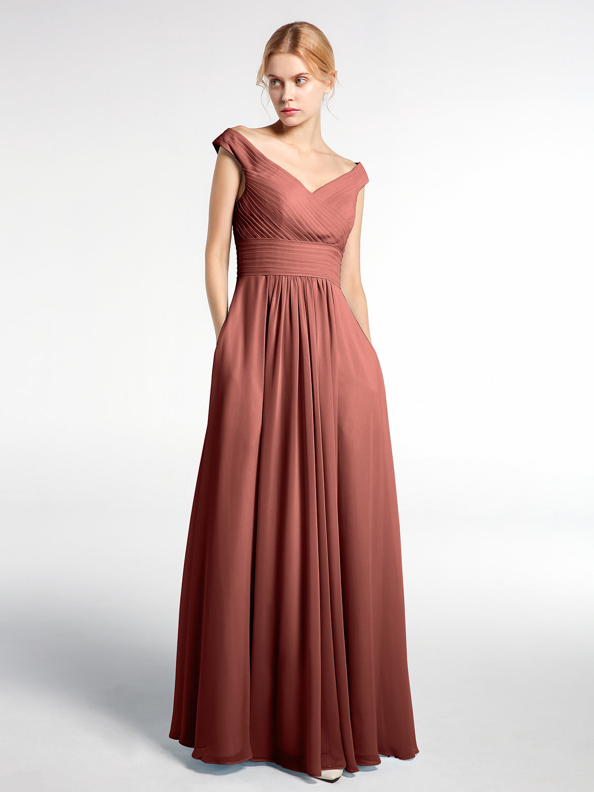 Vestido maxi con escote en V y hombros descubiertos con bolsillos Terracota