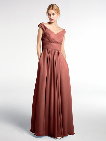 Vestido maxi con escote en V y hombros descubiertos con bolsillos Terracota