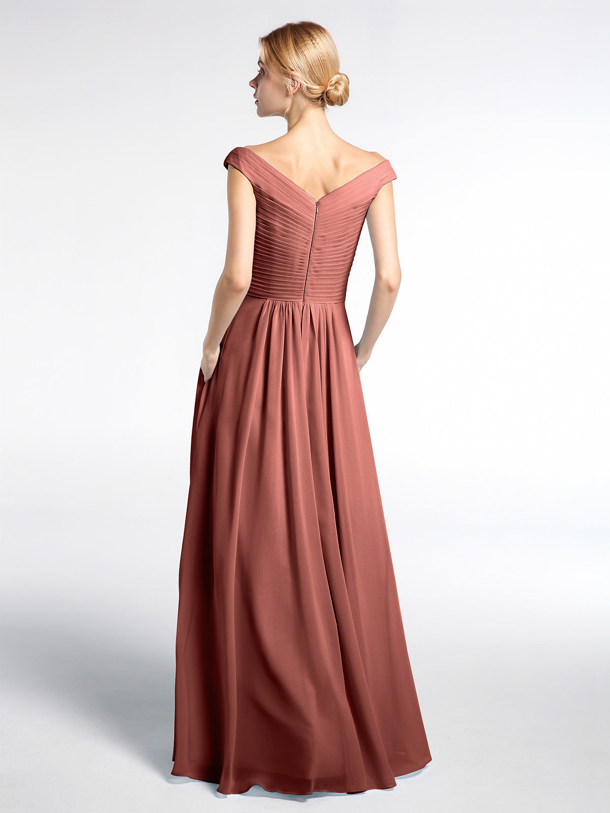 Vestido maxi con escote en V y hombros descubiertos con bolsillos Terracota