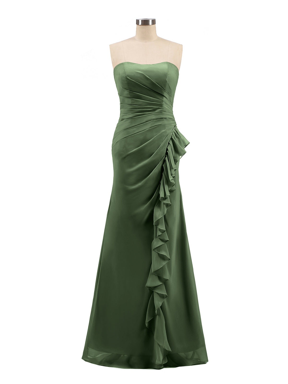 Griselda Sin Tirante Tubo Gasa Vestido Con Volantes Verde Oliva Tallas Grandes