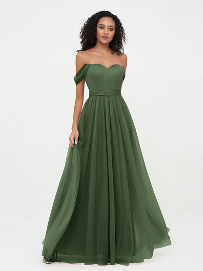 Vestidos de tul estilo princesa de hombros descubiertos con lazo en la cintura Verde Oliva