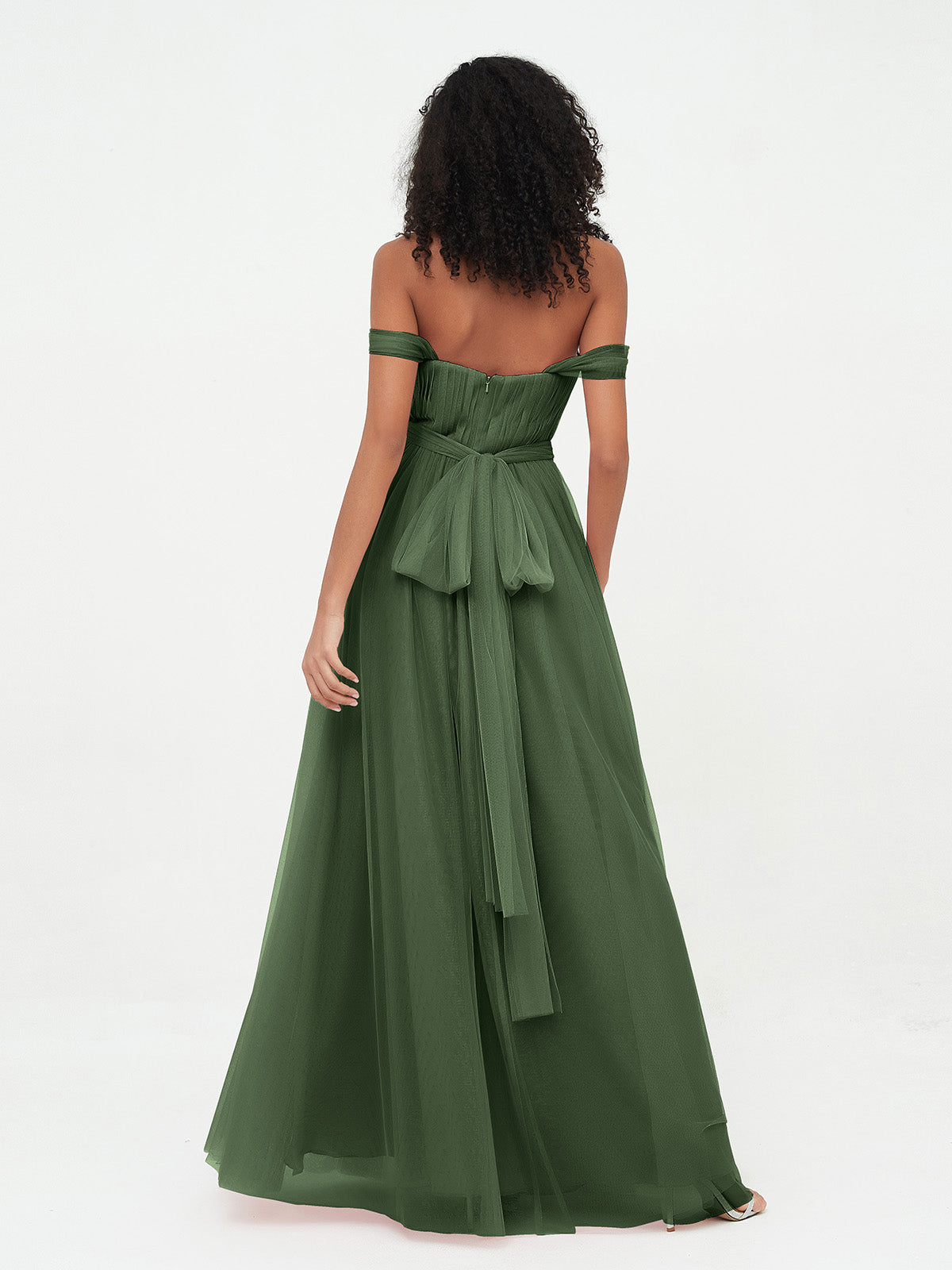 Vestidos de tul estilo princesa de hombros descubiertos con lazo en la cintura Verde Oliva Tallas Grandes