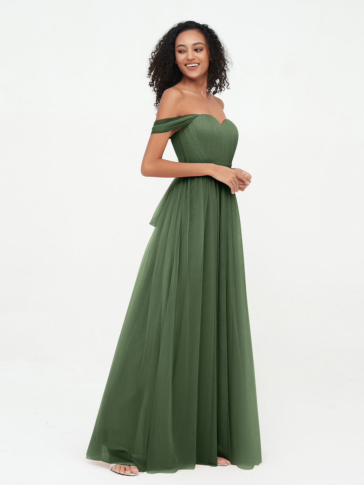 Vestidos de tul estilo princesa de hombros descubiertos con lazo en la cintura Verde Oliva