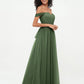 Vestidos de tul estilo princesa de hombros descubiertos con lazo en la cintura Verde Oliva Tallas Grandes