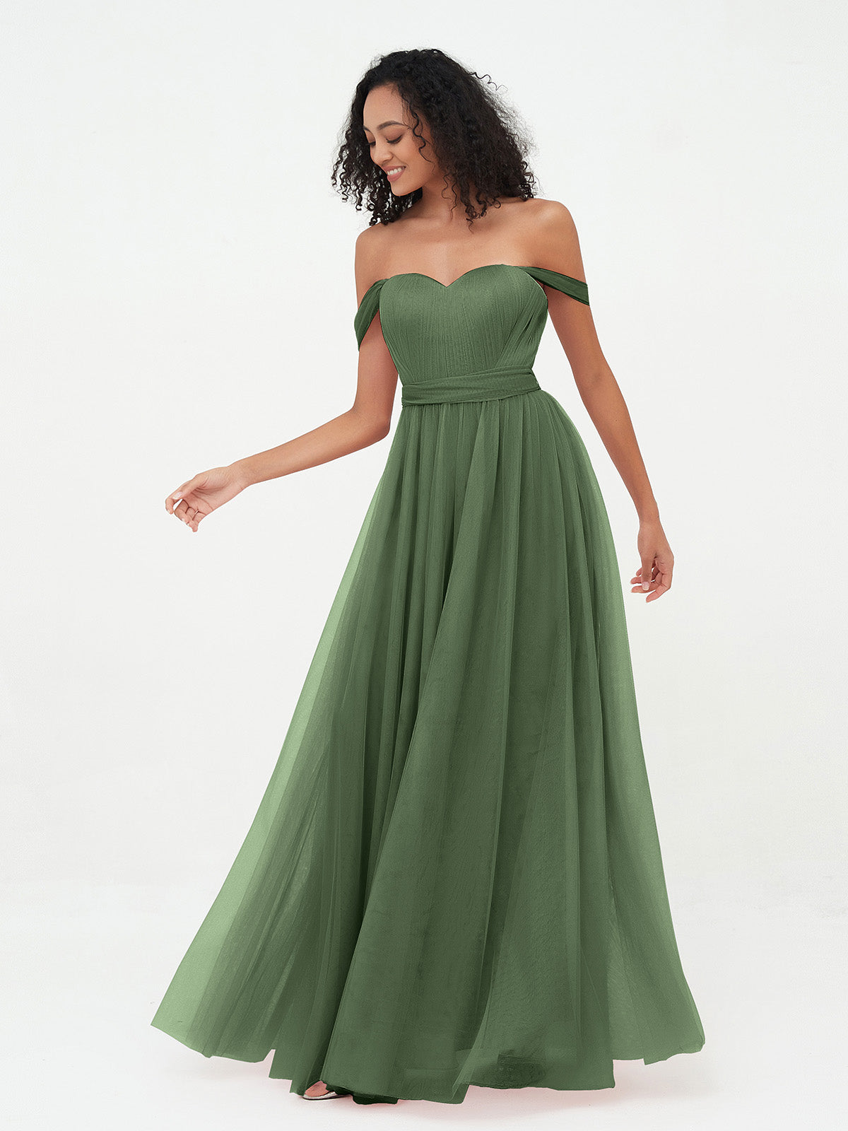 Vestidos de tul estilo princesa de hombros descubiertos con lazo en la cintura Verde Oliva