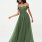 Vestidos de tul estilo princesa de hombros descubiertos con lazo en la cintura Verde Oliva Tallas Grandes