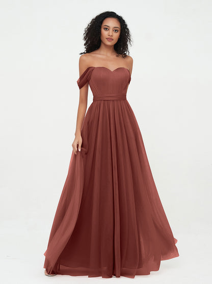 Vestidos de tul estilo princesa de hombros descubiertos con lazo en la cintura Terracota Tallas Grandes