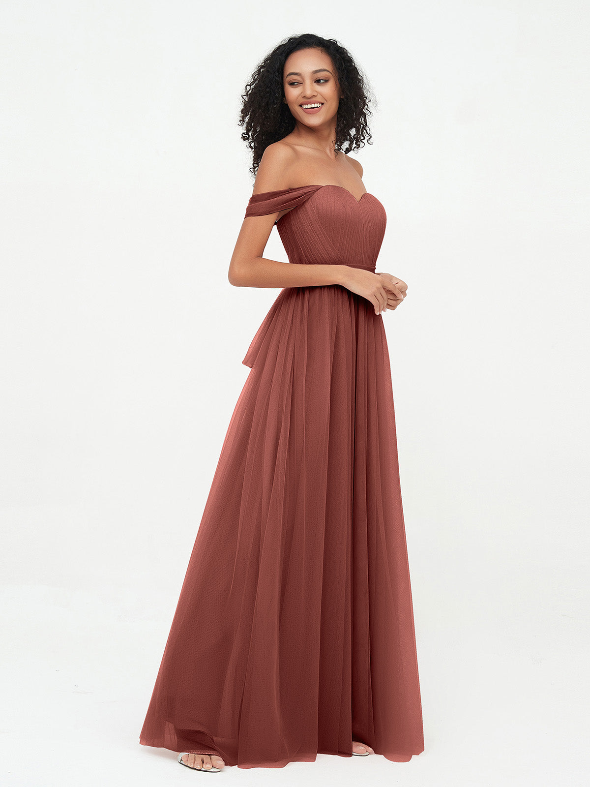 Vestidos de tul estilo princesa de hombros descubiertos con lazo en la cintura Terracota