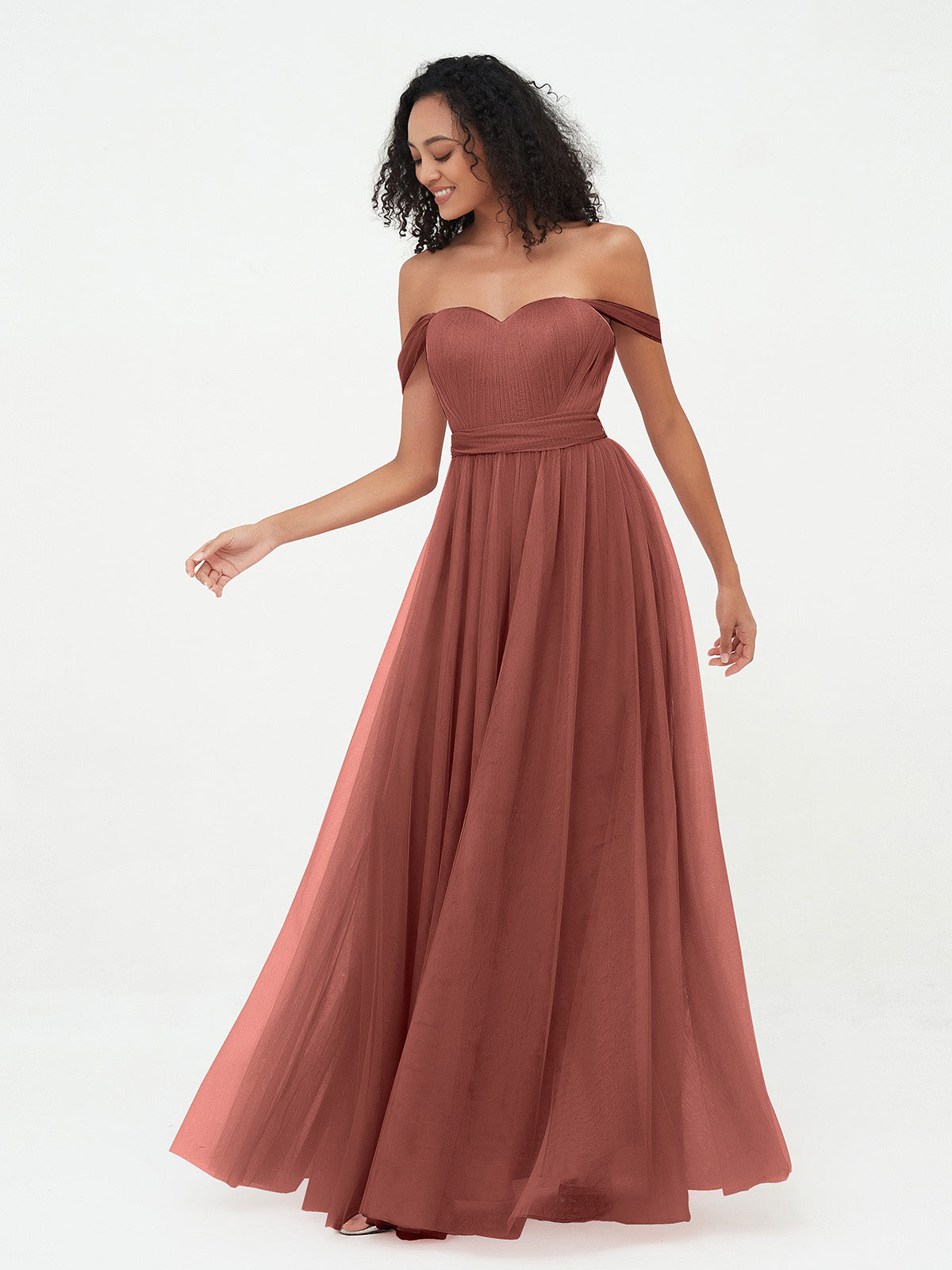 Vestidos de tul estilo princesa de hombros descubiertos con lazo en la cintura Terracota Tallas Grandes