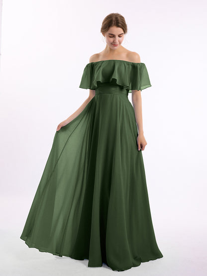 Vestido largo de chiffon con hombros descubiertos Verde Oliva