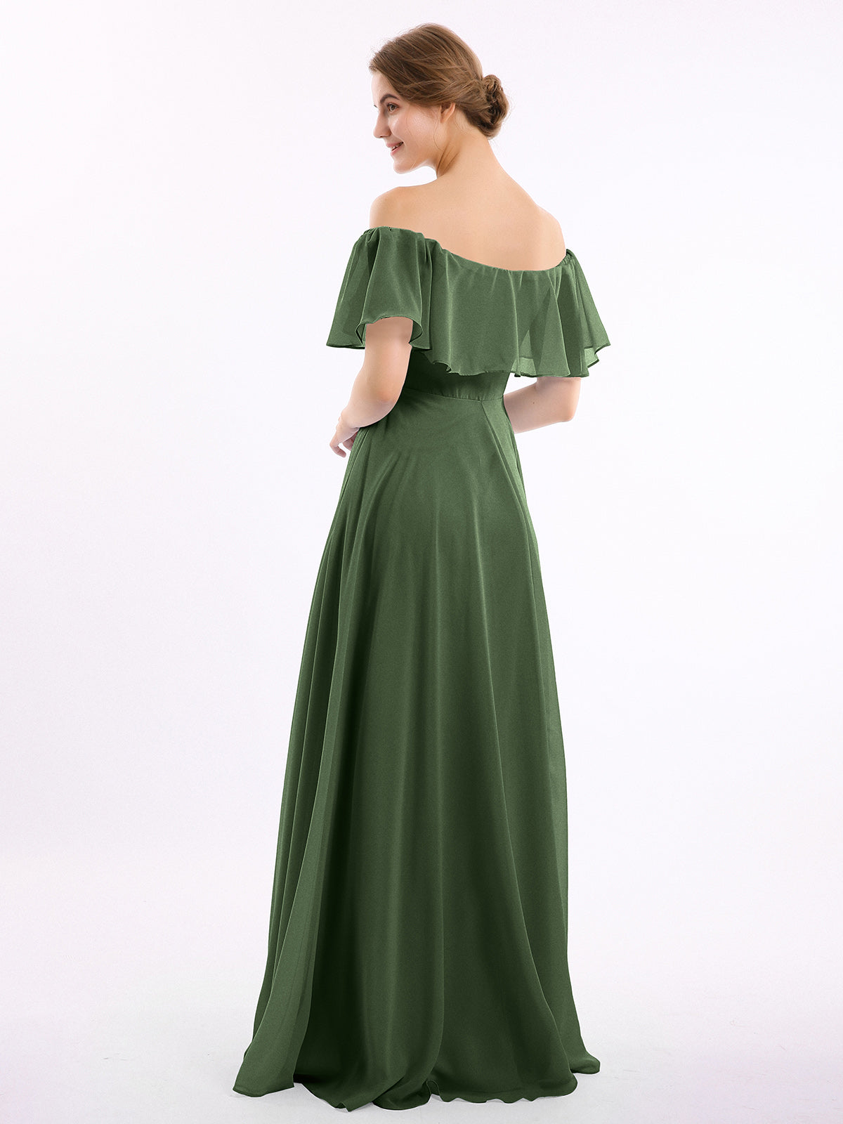 Vestido largo de chiffon con hombros descubiertos Verde Oliva