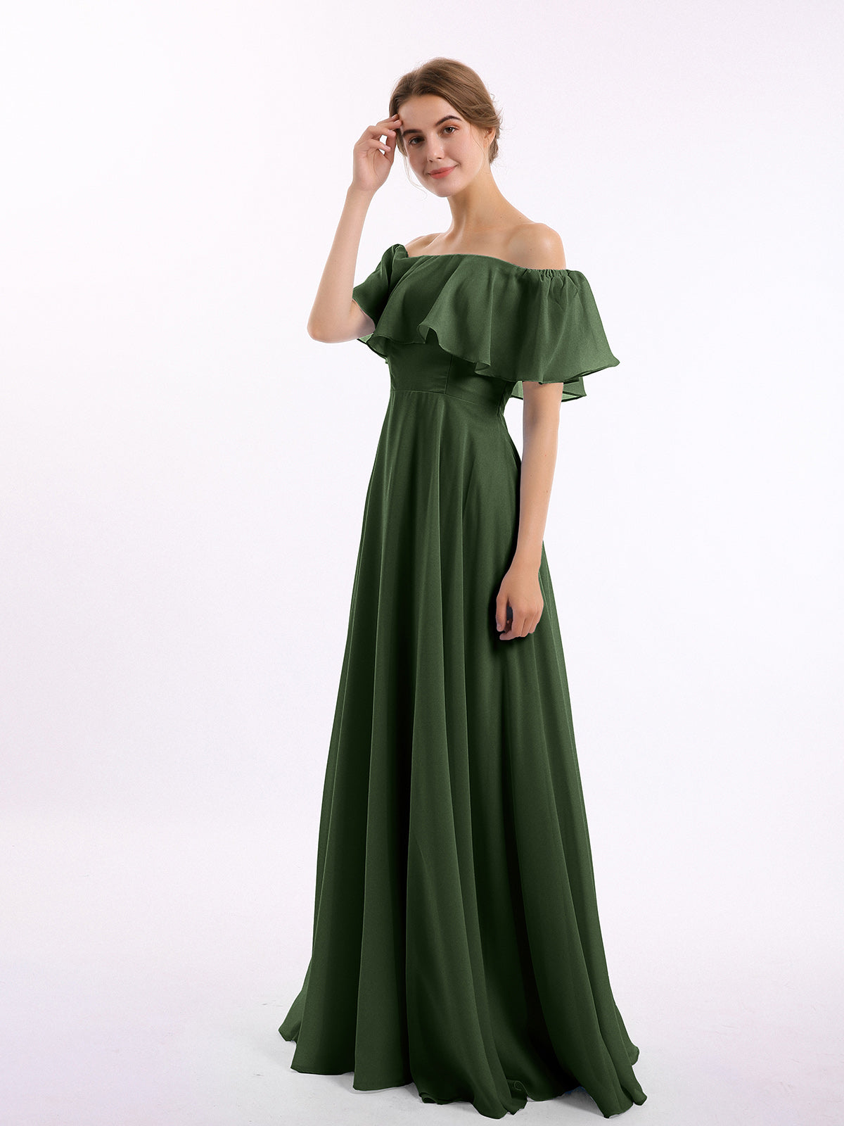 Vestido largo de chiffon con hombros descubiertos Verde Oliva