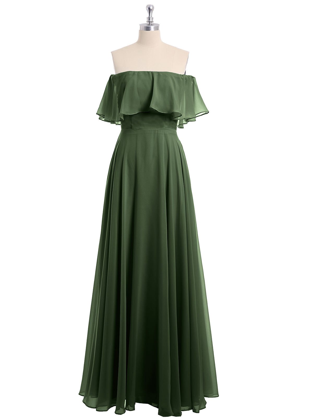 Vestido largo de chiffon con hombros descubiertos Verde Oliva