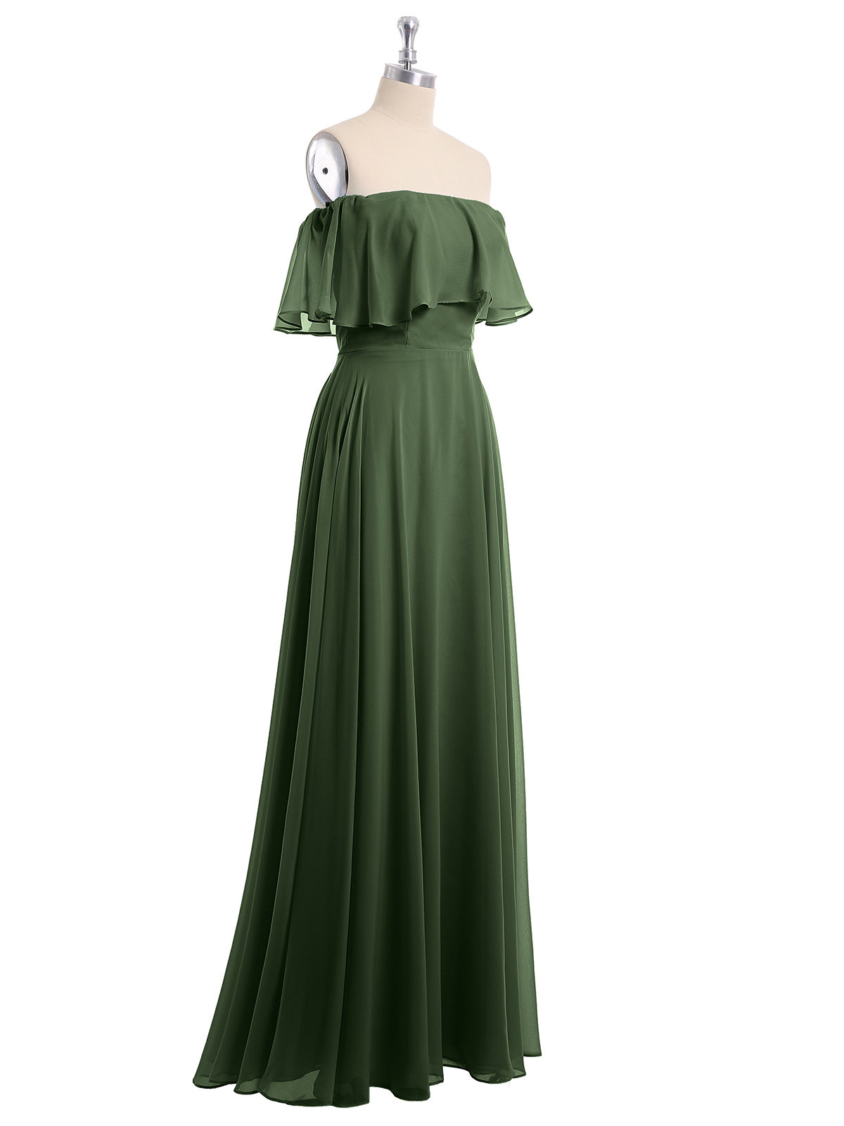 Vestido largo de chiffon con hombros descubiertos Verde Oliva Tallas Grandes