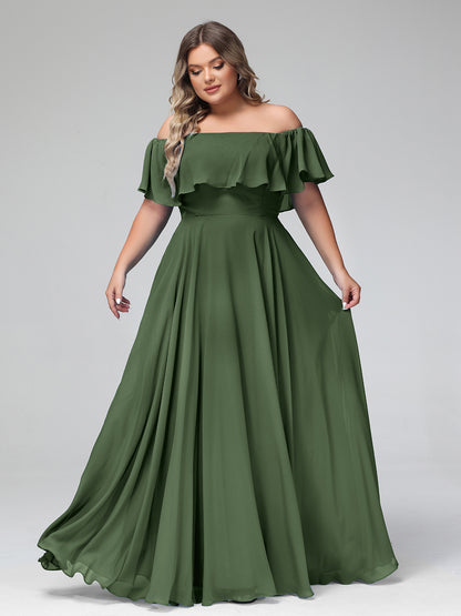 Vestido largo de chiffon con hombros descubiertos Verde Oliva Tallas Grandes