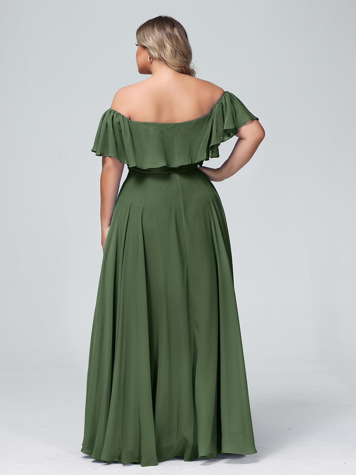 Vestido largo de chiffon con hombros descubiertos Verde Oliva Tallas Grandes