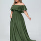 Vestido largo de chiffon con hombros descubiertos Verde Oliva Tallas Grandes