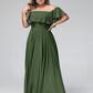Vestido largo de chiffon con hombros descubiertos Verde Oliva Tallas Grandes