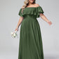 Vestido largo de chiffon con hombros descubiertos Verde Oliva Tallas Grandes