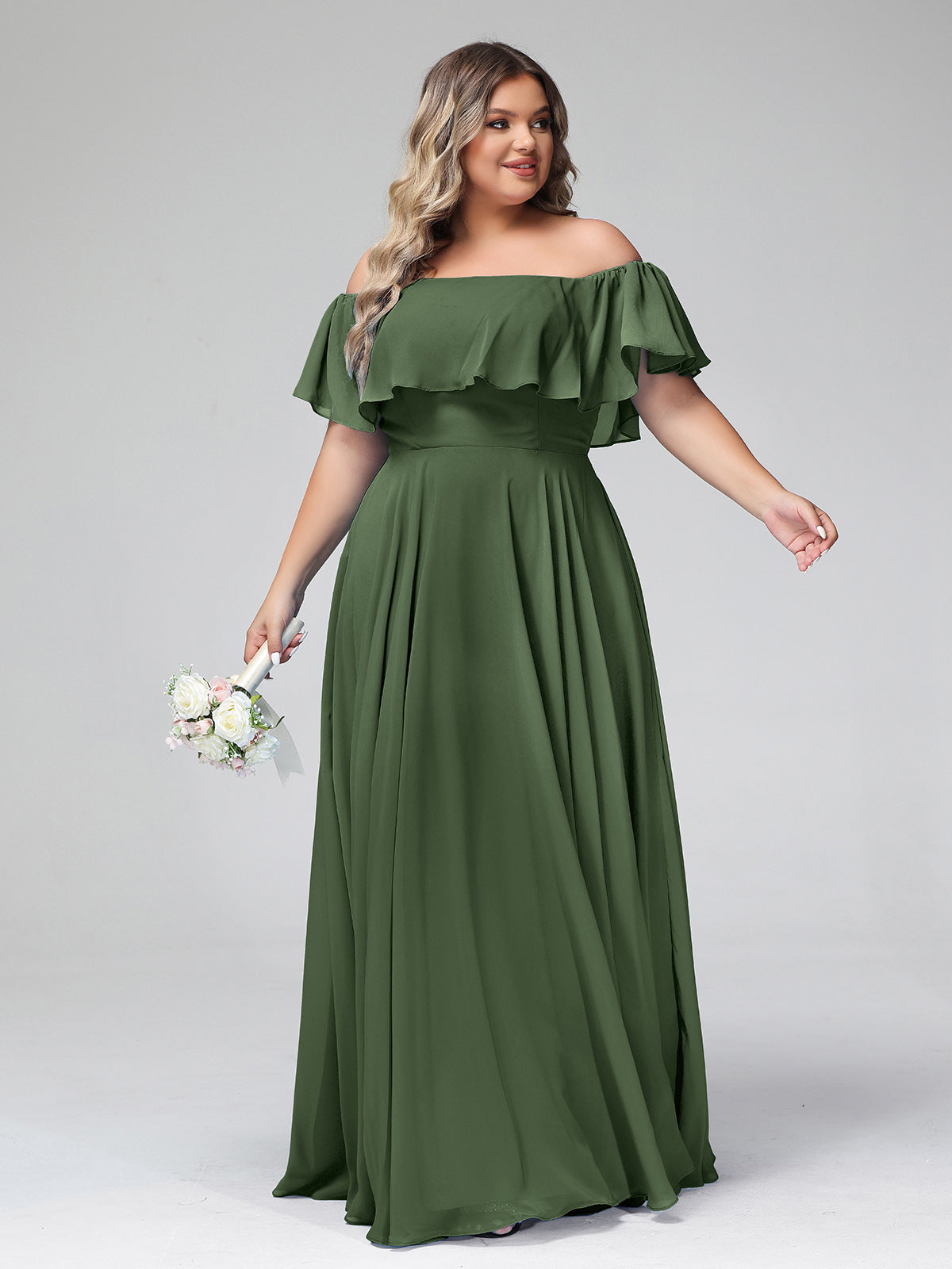 Vestido largo de chiffon con hombros descubiertos Verde Oliva Tallas Grandes