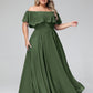 Vestido largo de chiffon con hombros descubiertos Verde Oliva Tallas Grandes