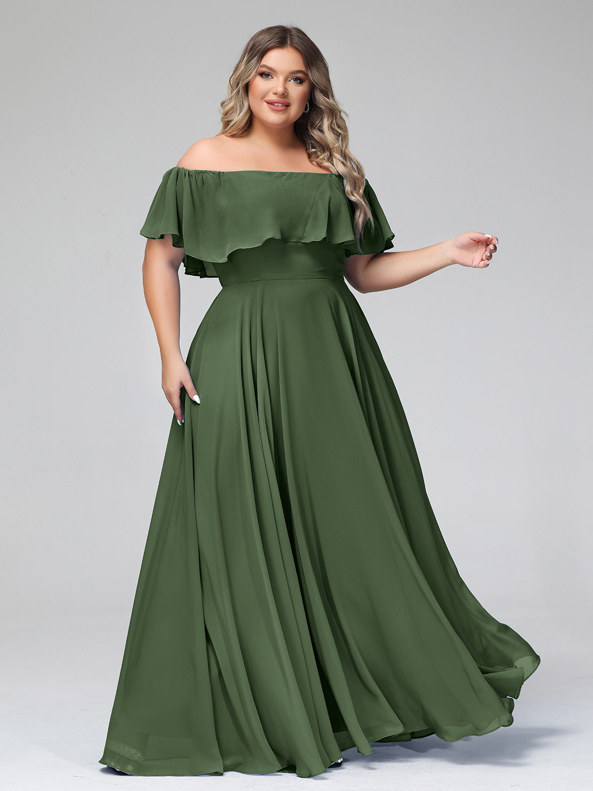 Vestido largo de chiffon con hombros descubiertos Verde Oliva Tallas Grandes