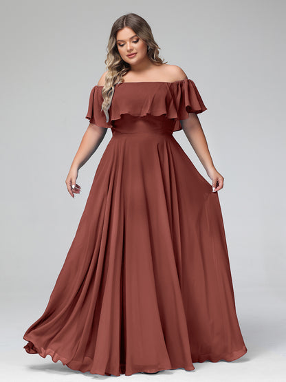 Vestido largo de chiffon con hombros descubiertos Terracota Tallas Grandes