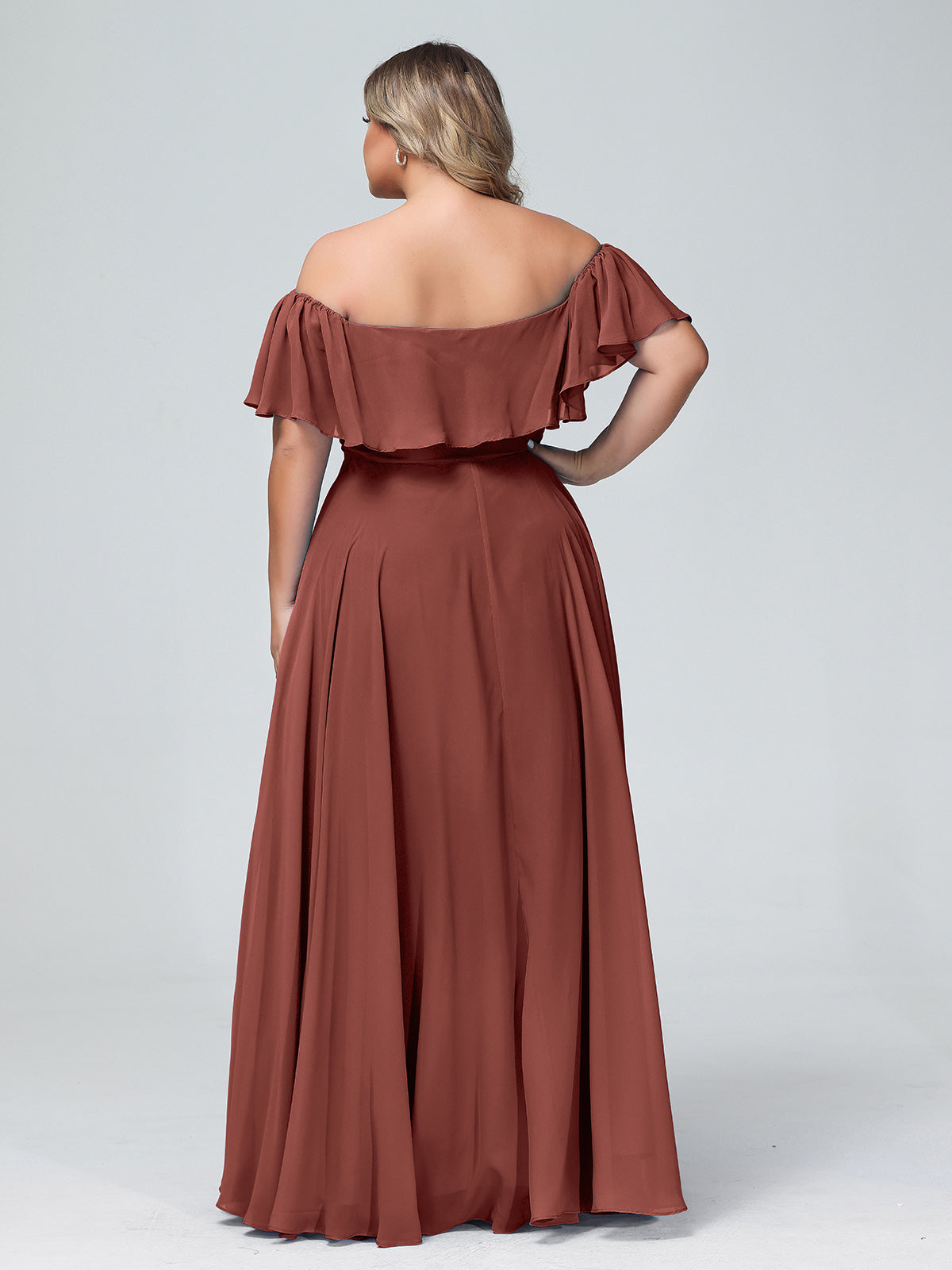 Vestido largo de chiffon con hombros descubiertos Terracota Tallas Grandes