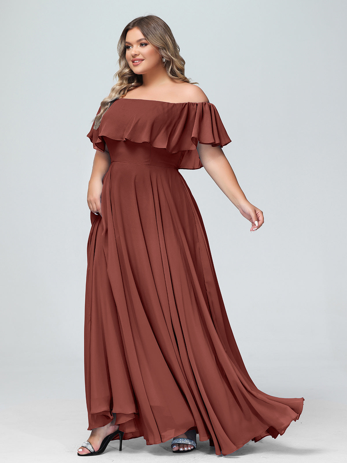 Vestido largo de chiffon con hombros descubiertos Terracota Tallas Grandes