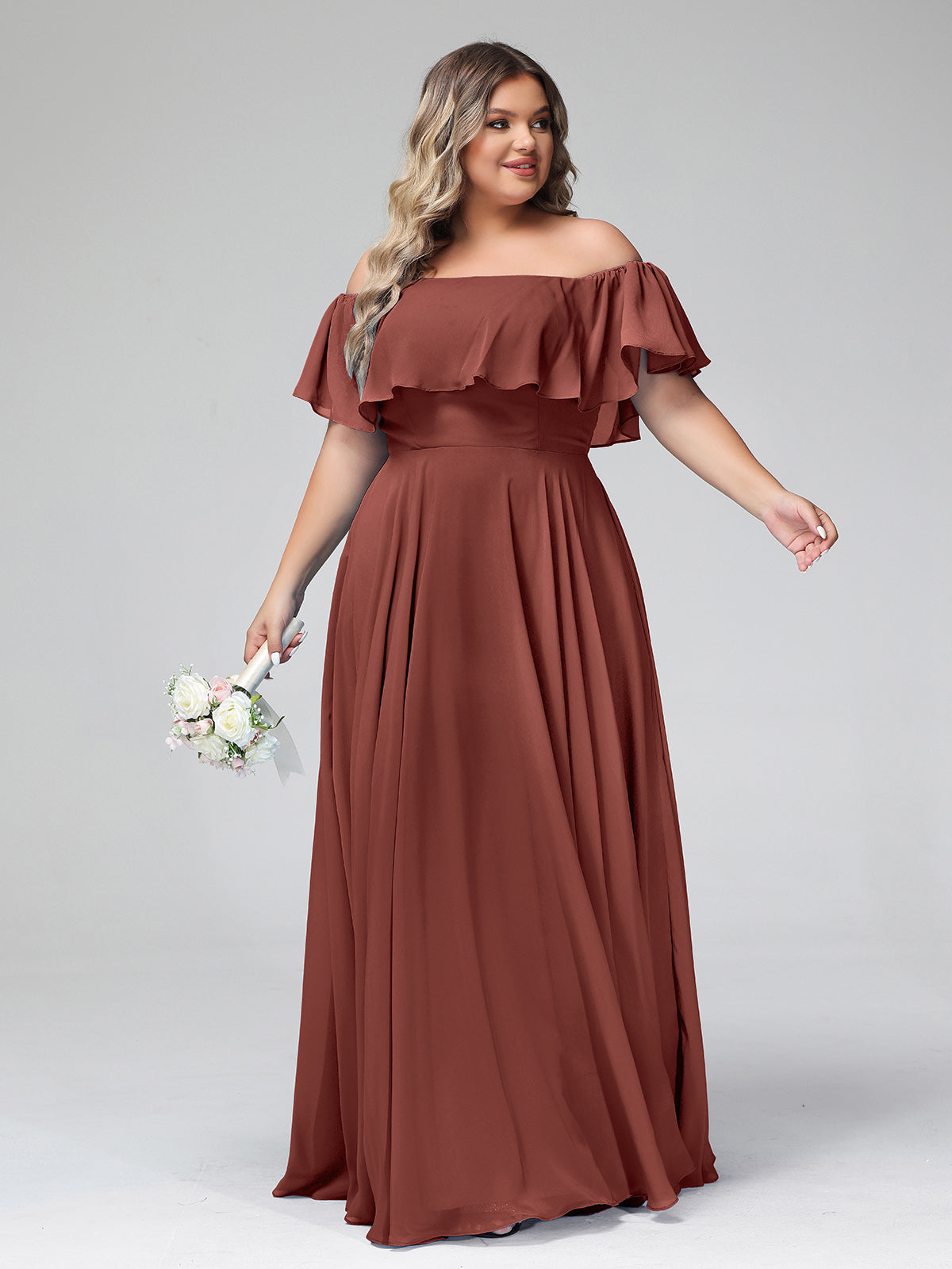 Vestido largo de chiffon con hombros descubiertos Terracota Tallas Grandes