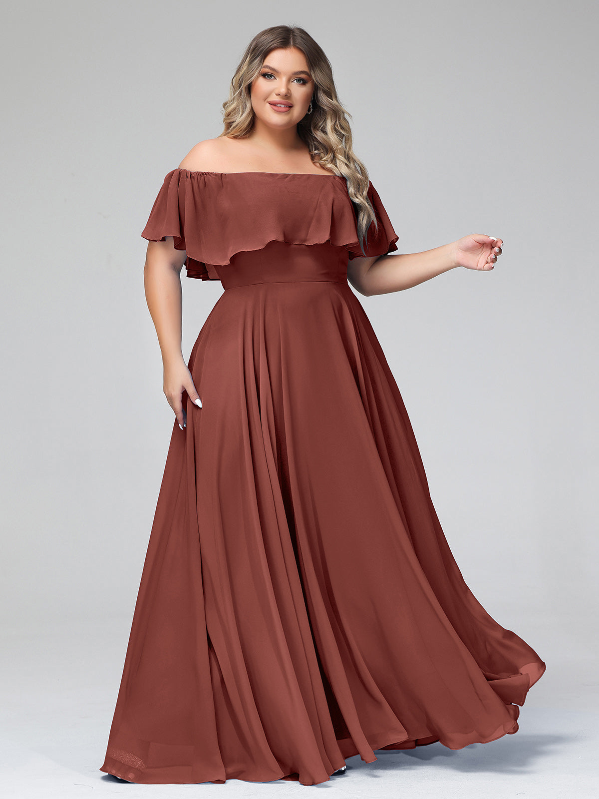 Vestido largo de chiffon con hombros descubiertos Terracota Tallas Grandes