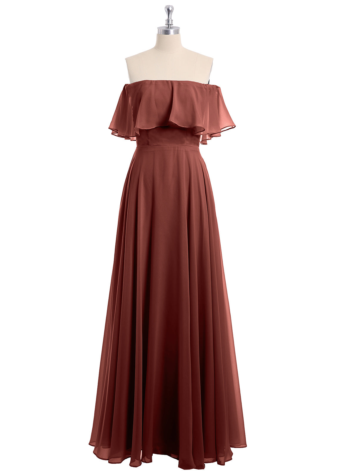 Vestido largo de chiffon con hombros descubiertos Terracota Tallas Grandes
