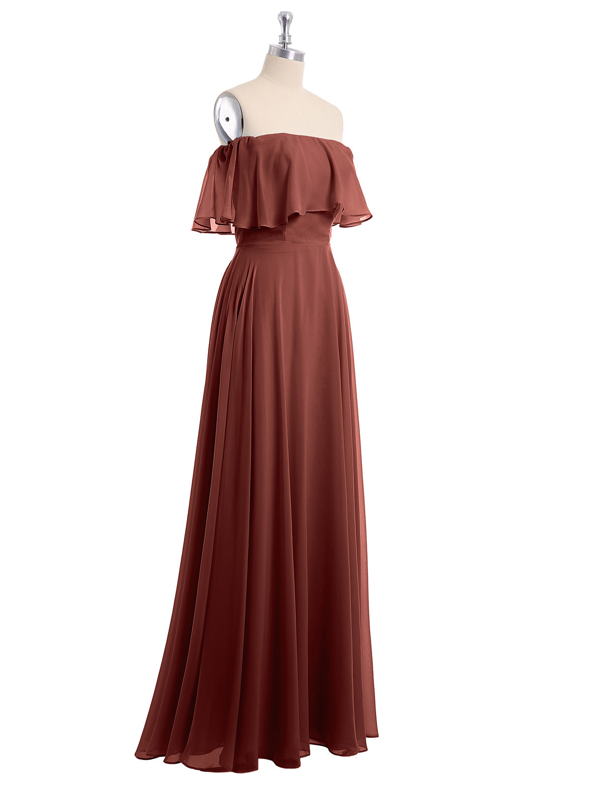 Vestido largo de chiffon con hombros descubiertos Terracota Tallas Grandes