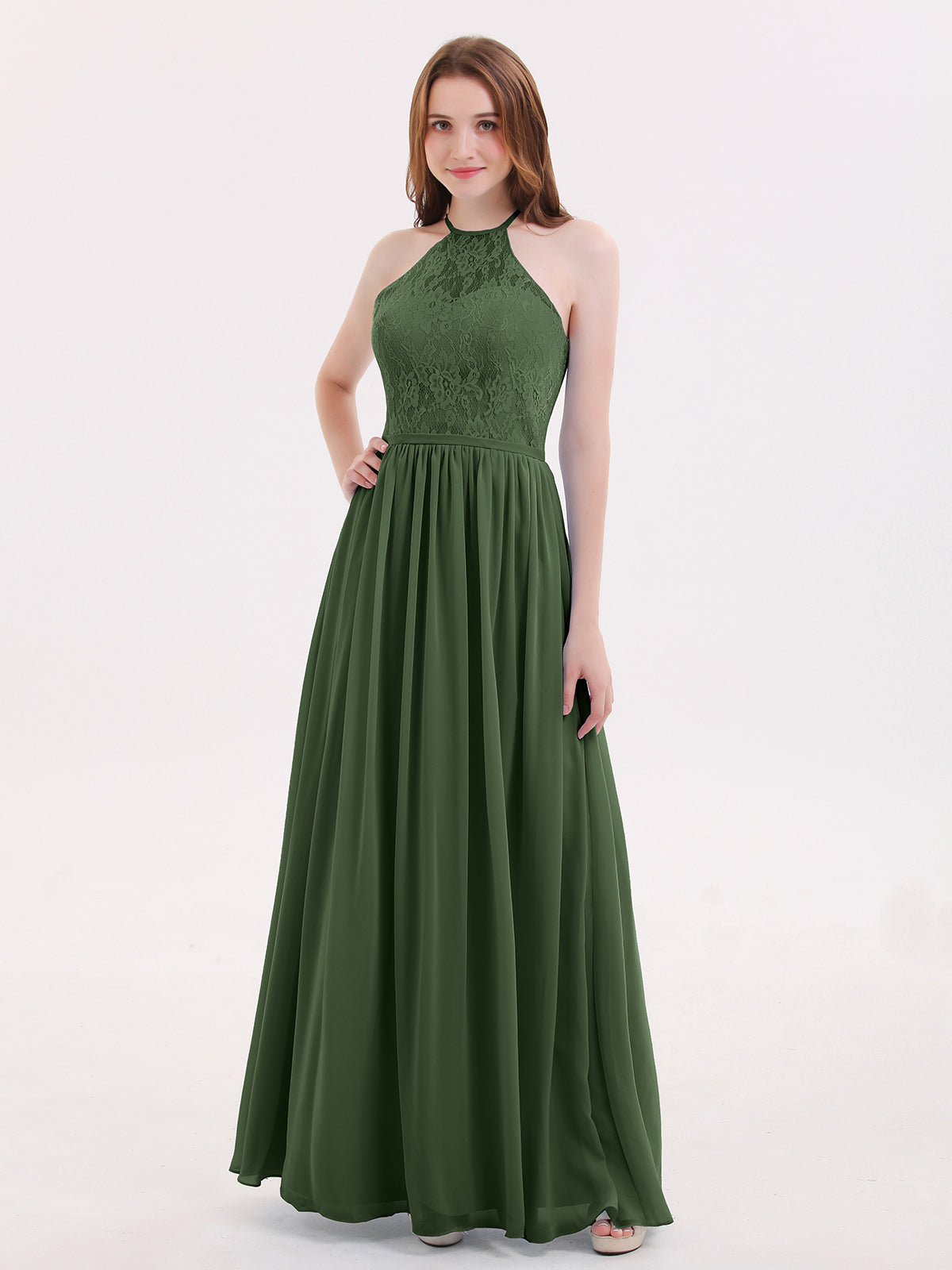 Hedda Gasa Maxi Cabestro Vestido Con Encaje Corpino Verde Oliva Tallas Grandes