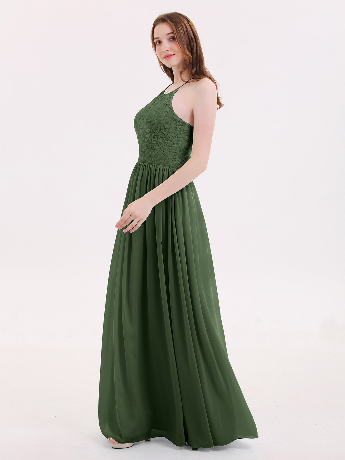 Hedda Gasa Maxi Cabestro Vestido Con Encaje Corpino Verde Oliva Tallas Grandes