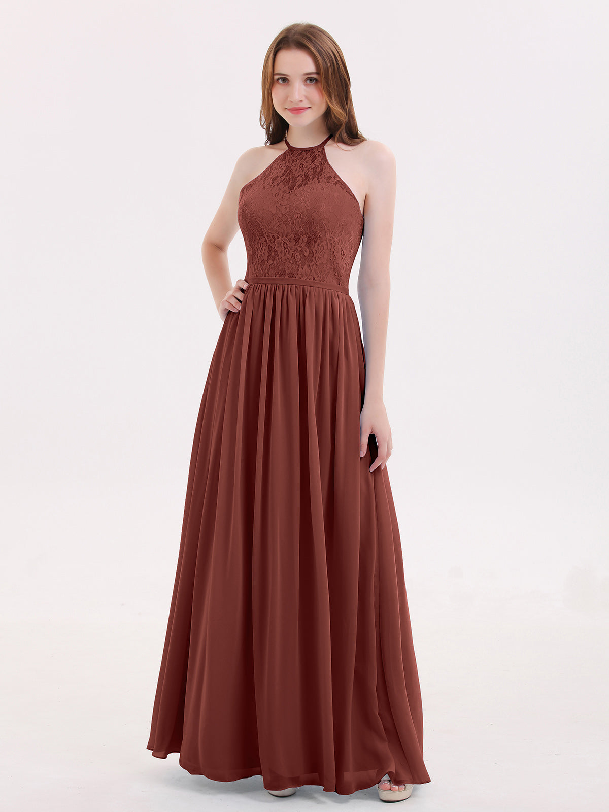 Hedda Gasa Maxi Cabestro Vestido Con Encaje Corpino Terracota Tallas Grandes