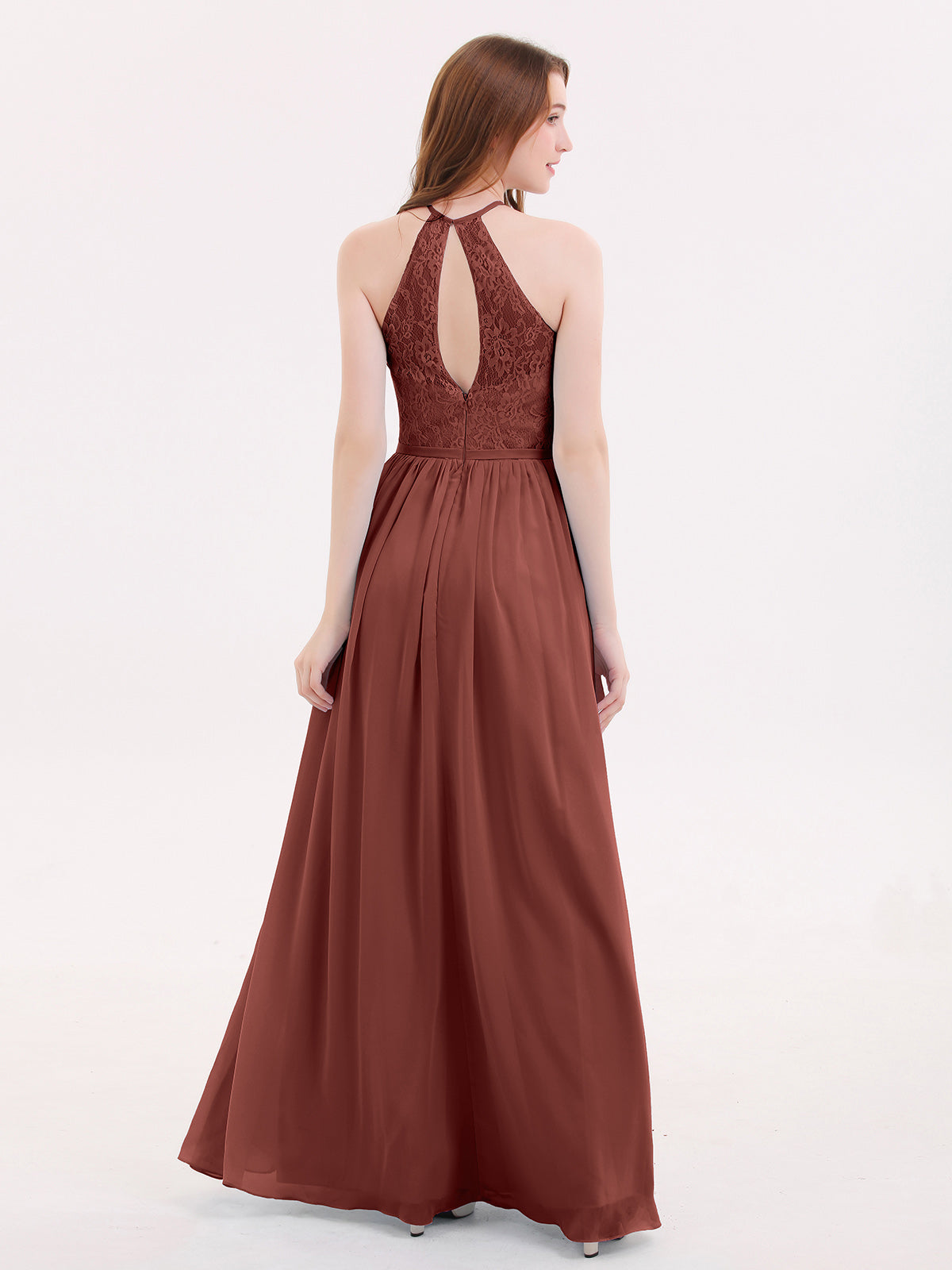Hedda Gasa Maxi Cabestro Vestido Con Encaje Corpino Terracota