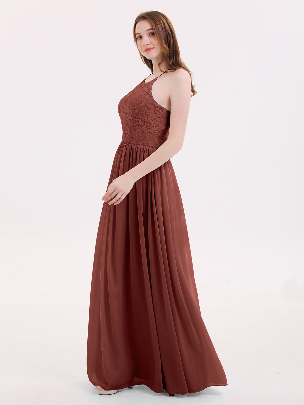 Hedda Gasa Maxi Cabestro Vestido Con Encaje Corpino Terracota Tallas Grandes