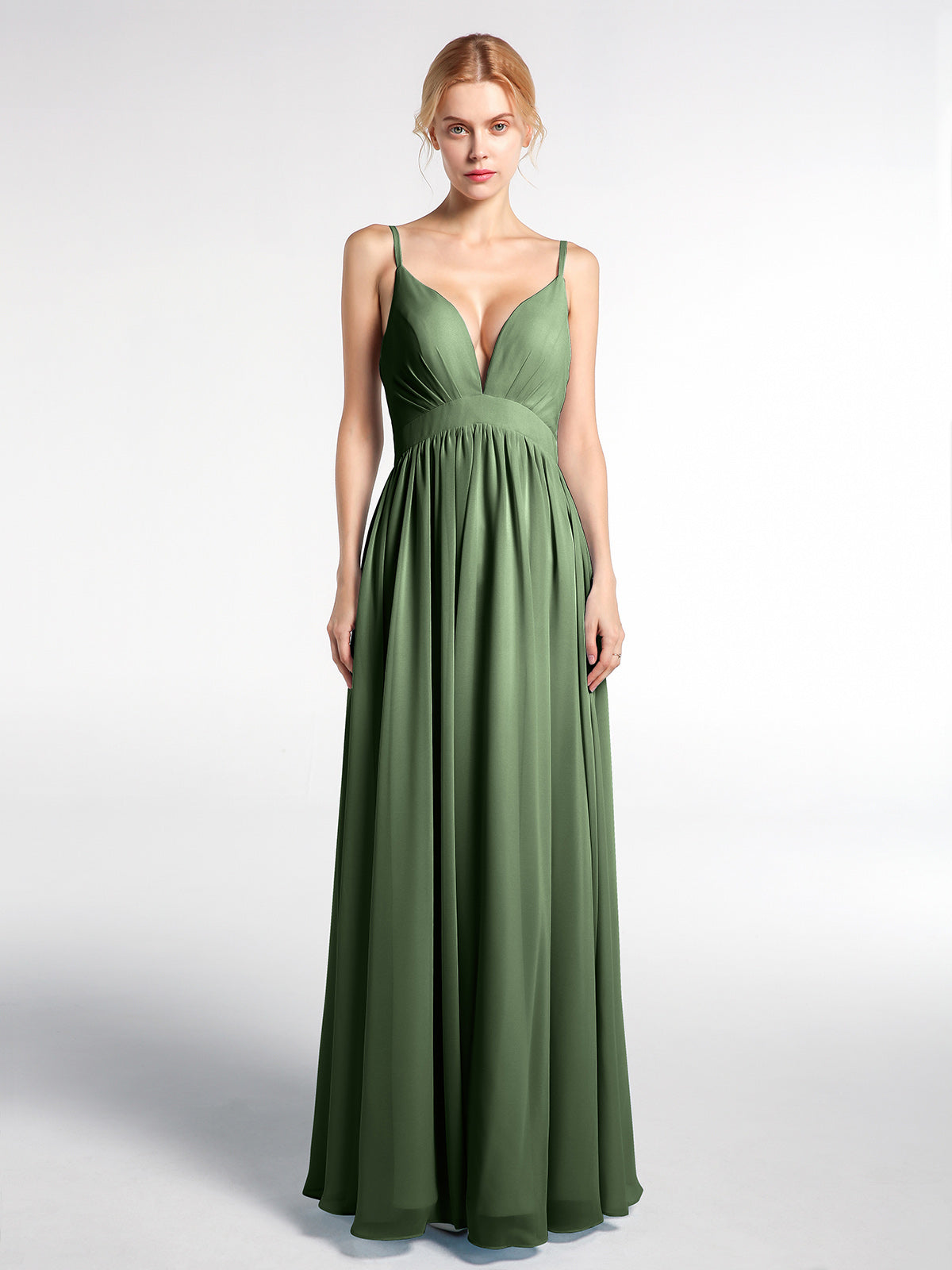 Vestido largo de chiffon con escote en forma de V y cintura imperio Verde Oliva Tallas Grandes