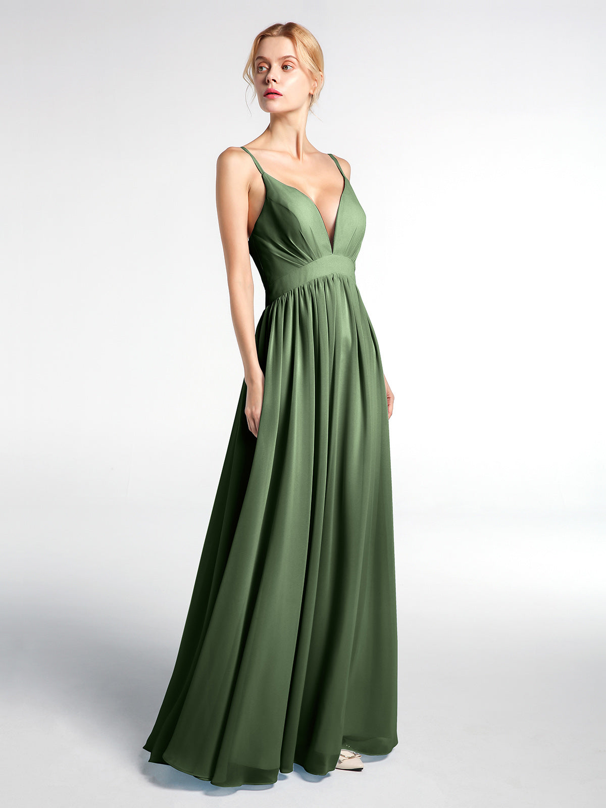 Vestido largo de chiffon con escote en forma de V y cintura imperio Verde Oliva Tallas Grandes