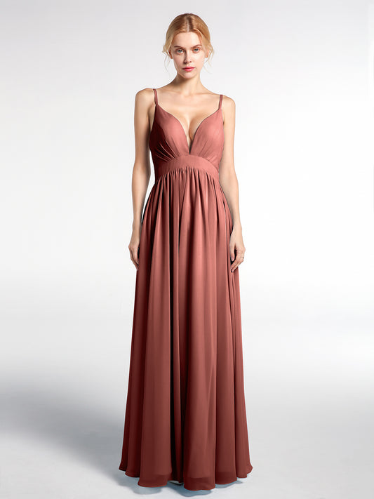 Vestido largo de chiffon con escote en forma de V y cintura imperio Terracota Tallas Grandes