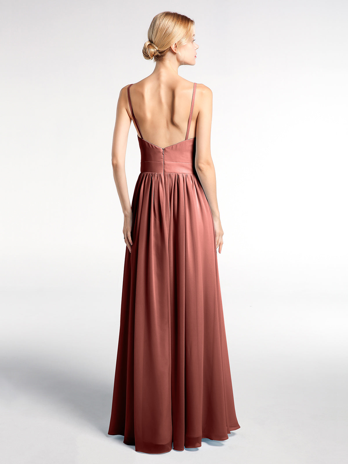Vestido largo de chiffon con escote en forma de V y cintura imperio Terracota Tallas Grandes