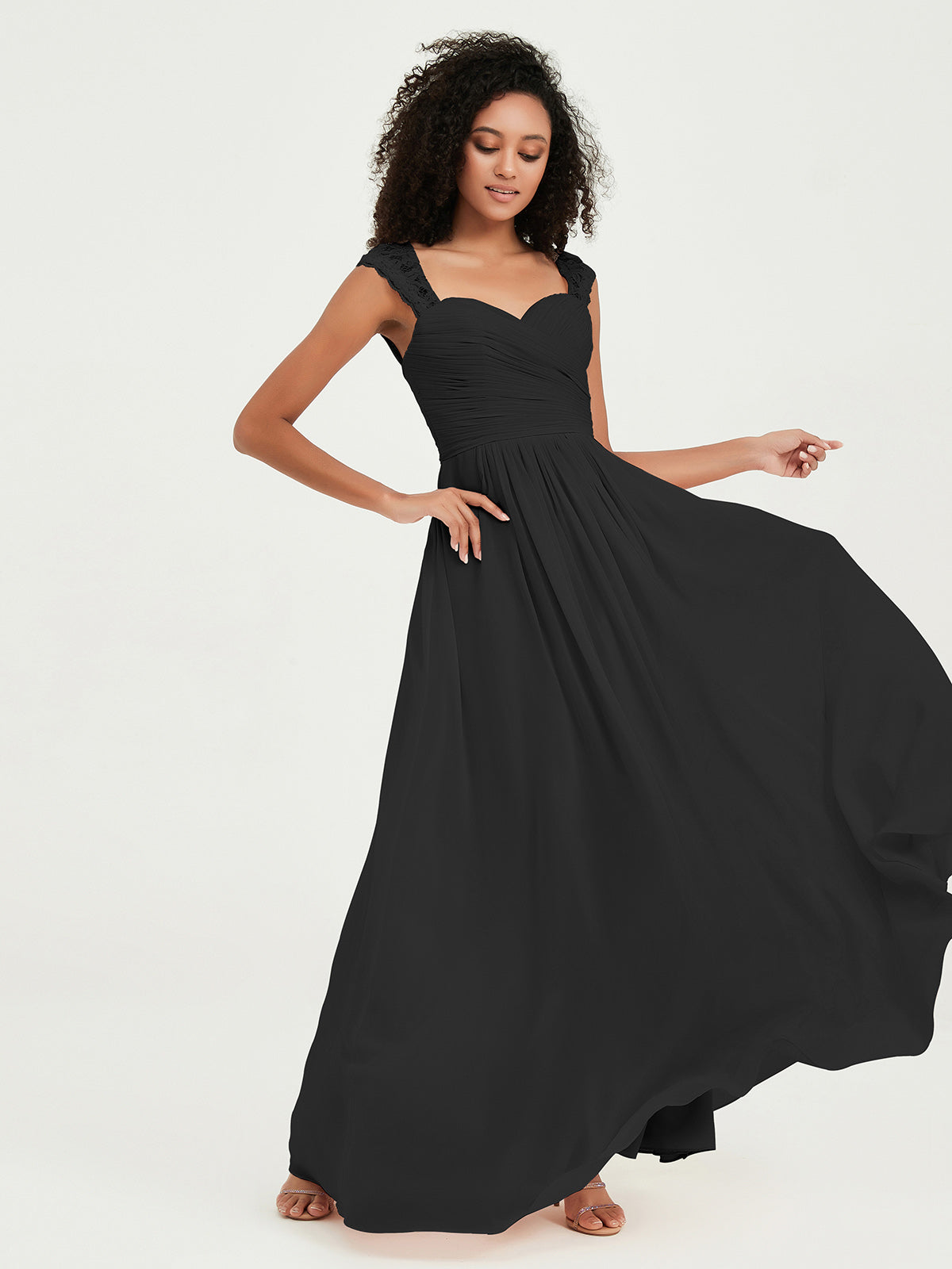 Vestidos de chiffon con escote en corazón y mangas cap de encaje Negro